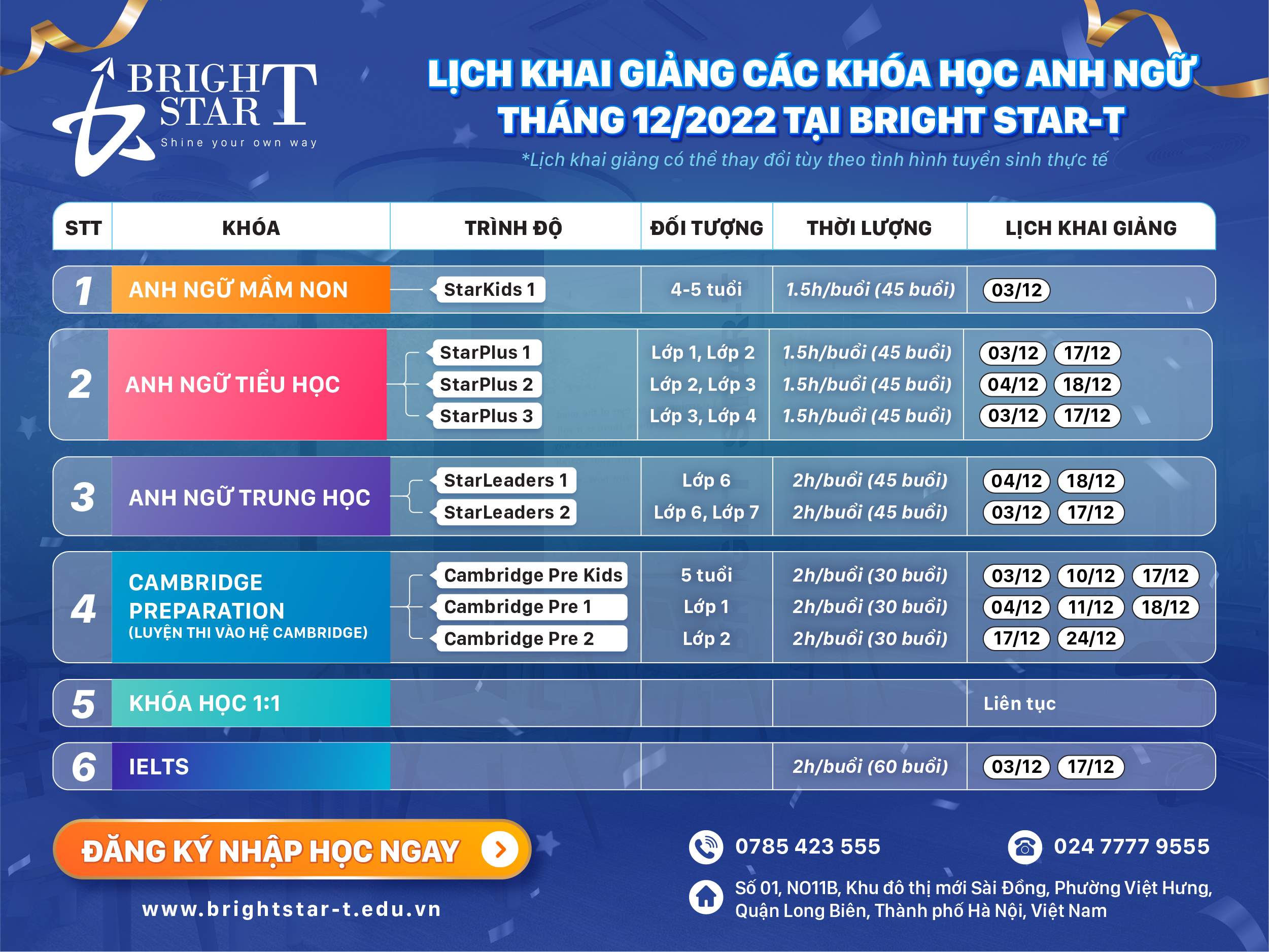 LỊCH KHAI GIẢNG CÁC KHÓA HỌC ANH NGỮ THÁNG 12/2022